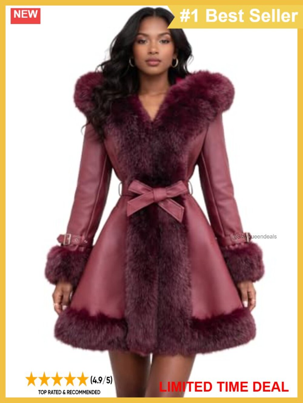 Vegan Leather Belted A-Line Winter Coat Faux Fur Trim Hood 3/4 Length